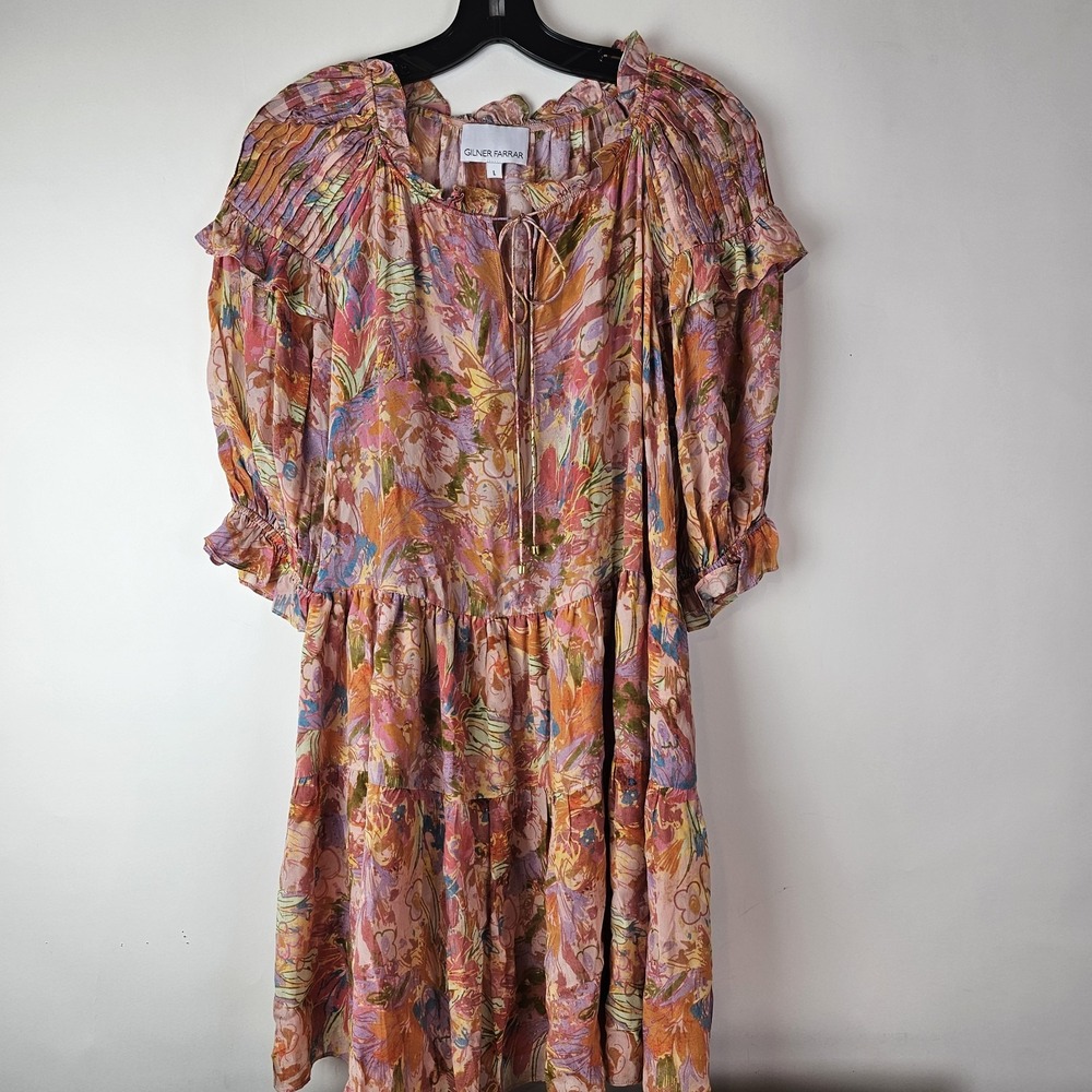 Gilner Farrar Women's Large Floral Print Smocked‎ Ruffle Mini Dress Pink Orange